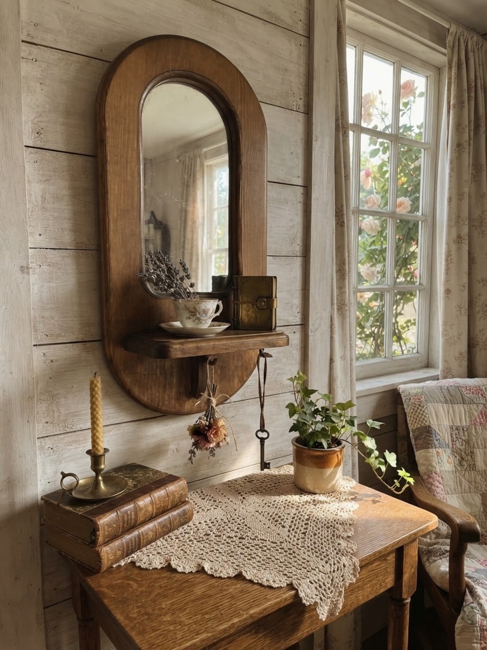 Wooden Wall Mirror With Shelf